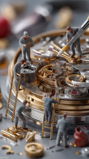 Miniature Figures Working on Watch Mechanism