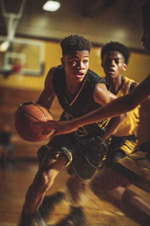 Dynamic Basketball Action Shot of Young Players