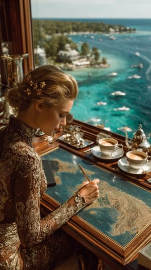 Elegant Woman Writing Over Scenic View