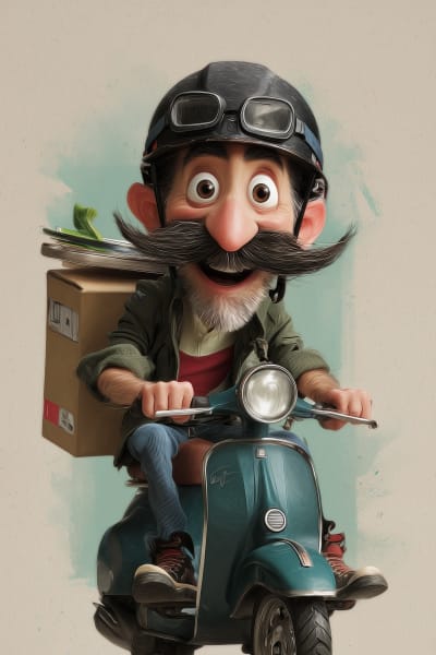 AI Digital Image - Whimsical Delivery Character on Scooter