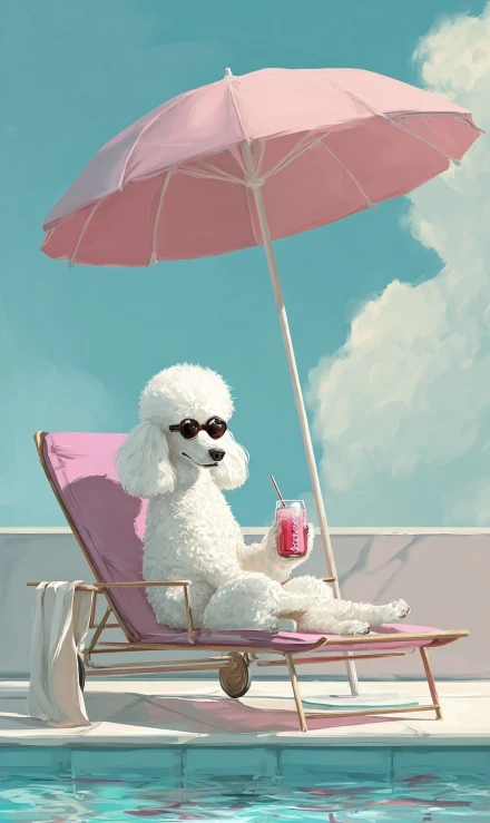 Chic Poodle Relaxing by the Poolside