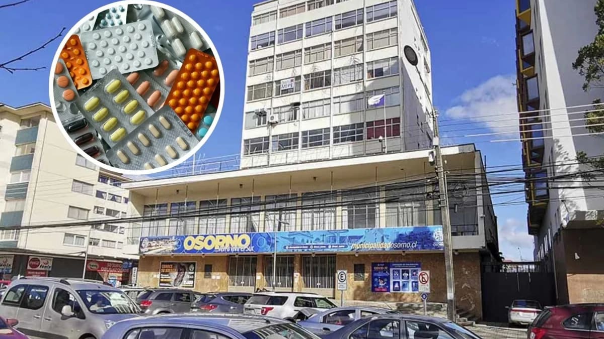 Edificio municipal de Osorno con referencia a medicamentos
