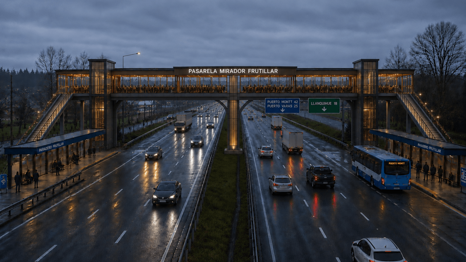 Render del proyecto Pasarela Mirador Frutillar sobre la Ruta 5, con paraderos techados a ambos lados, entregado por el consejero regional Rodrigo Arismendi