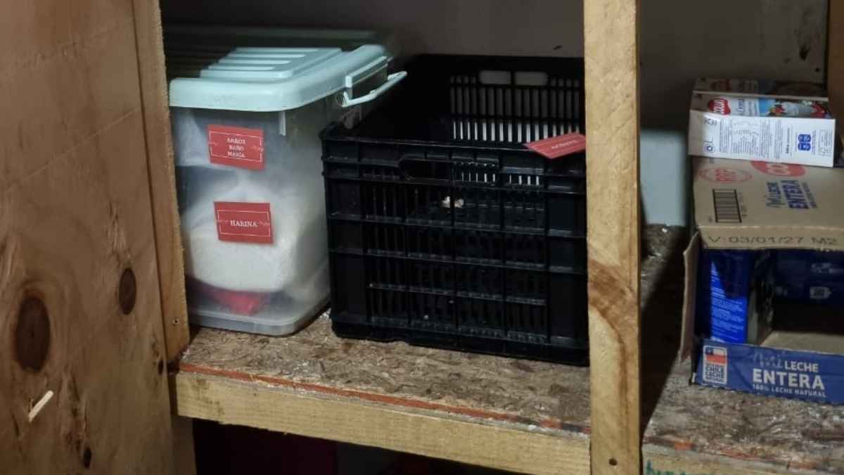 Bodega de un local de sushi en Osorno fiscalizado por la Seremi de Salud, con cajas de insumos sobre un estante y restos acumulados