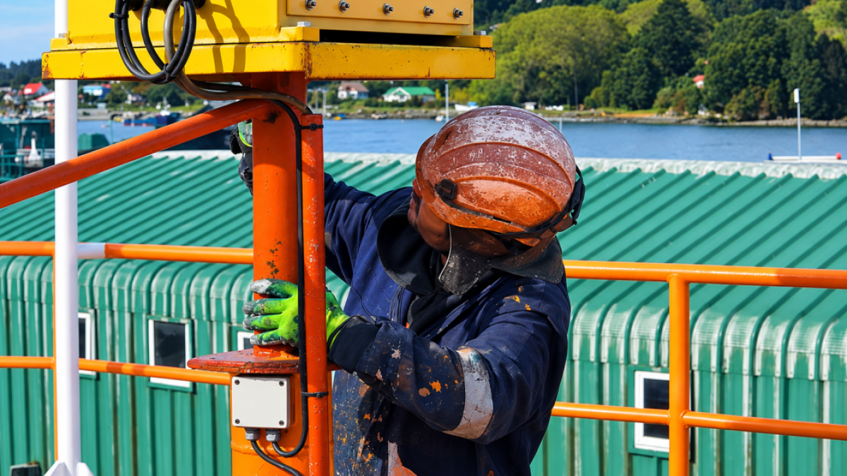 Trabajador con casco y ropa de faena sobre la estructura de un pontón en el astillero de Puerto Montt