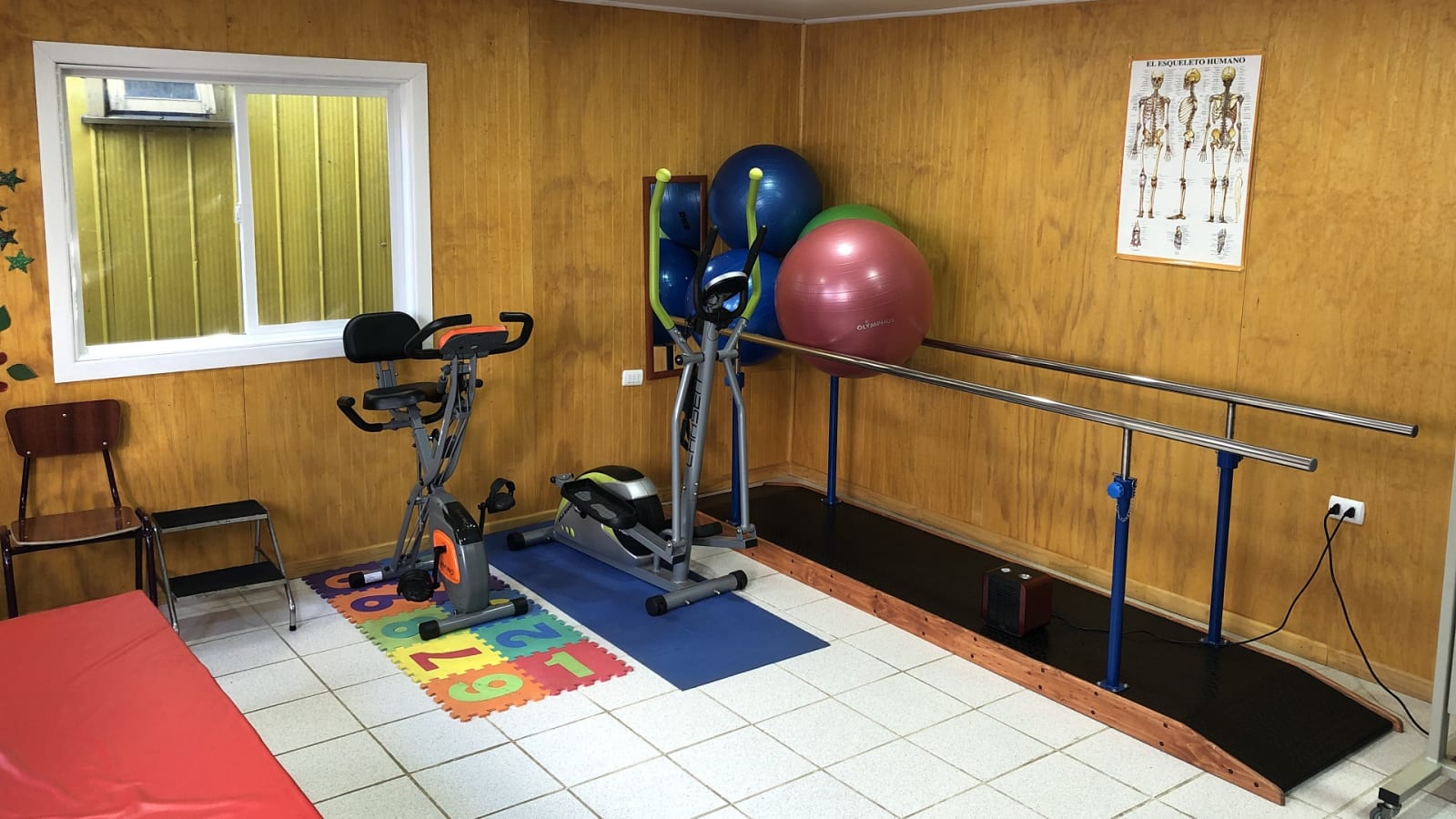 Sala de kinesiología del Centro de Rehabilitación del Club de Leones de Ancud, con barras paralelas, bicicleta estática y balones de terapia.