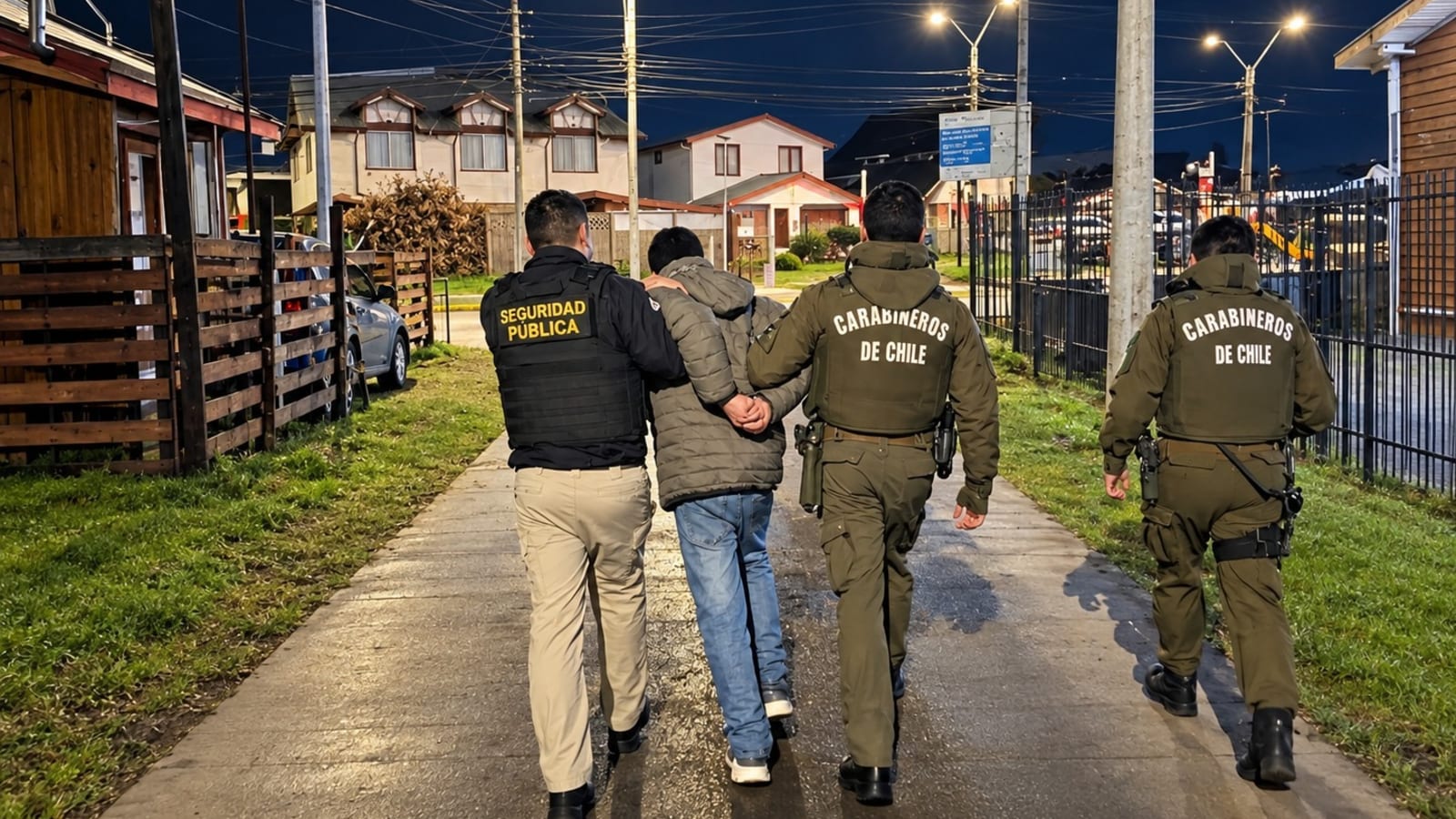Un funcionario de Seguridad Pública y dos carabineros conducen a un detenido por una calle de Frutillar de noche