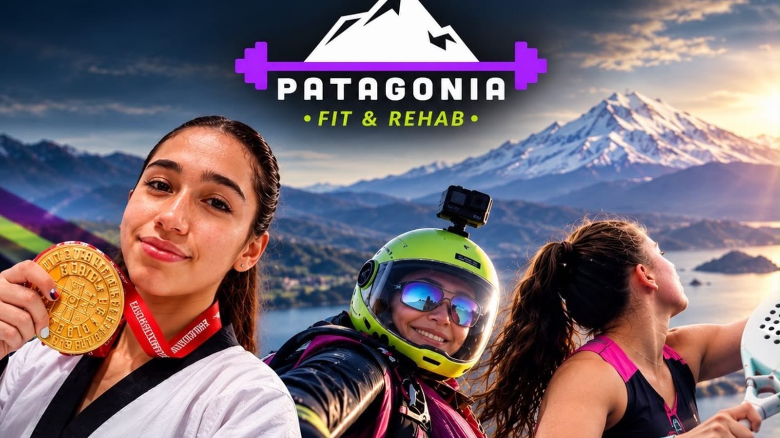 Karla Ruiz con su medalla, Tannia Sporman con casco de wingsuit y Aurora Candia con una paleta de pádel, deportistas becadas por Patagonia Fit & Rehab