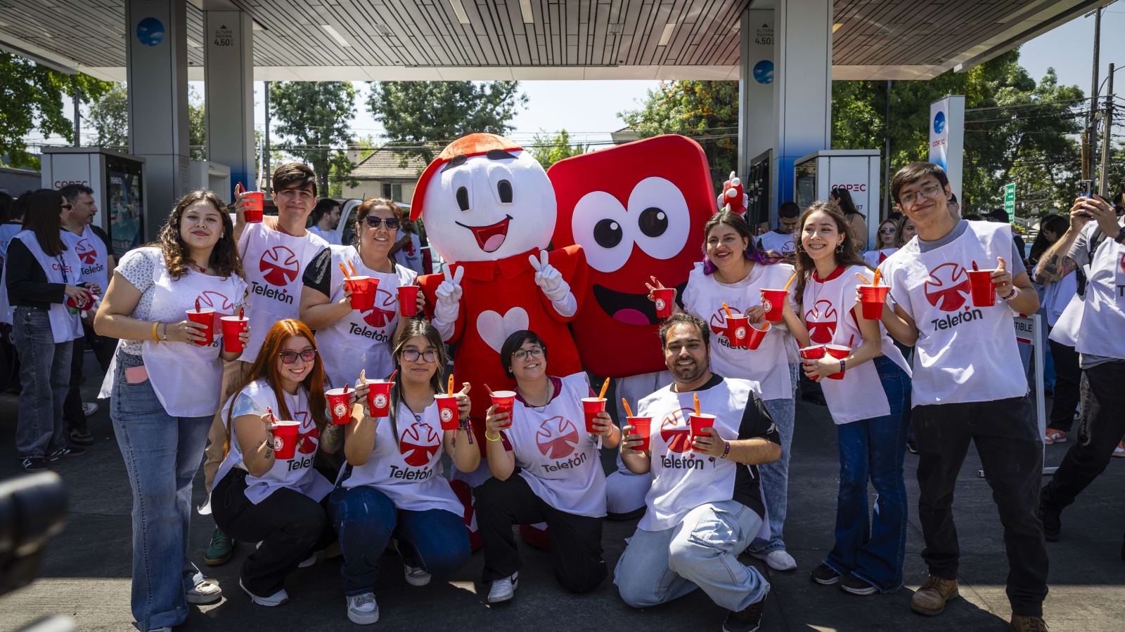 Grupo de voluntarios de Teletón con sus petos institucionales junto a las mascotas de la campaña