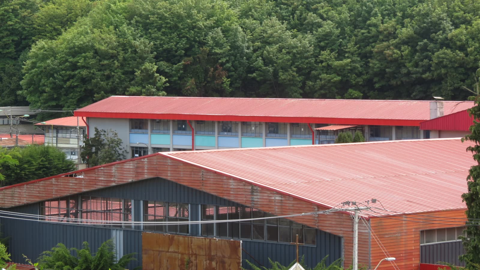 Edificio del Liceo de Hombres de Puerto Montt, con techos rojos y árboles al fondo, imagen de archivo