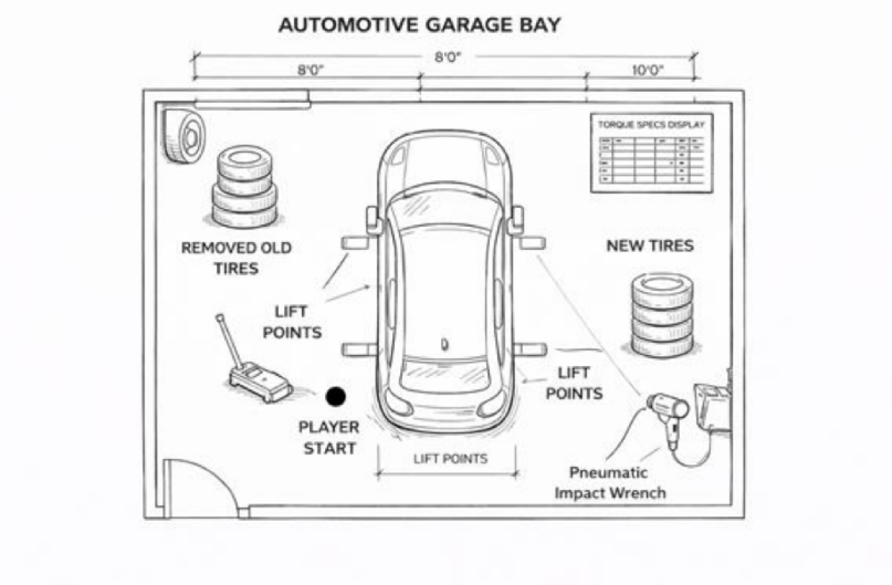 Automotive garage bay floor plan sketch