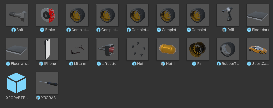 Unity prefab library — bolts, tires, rims, tools, and XR interactables