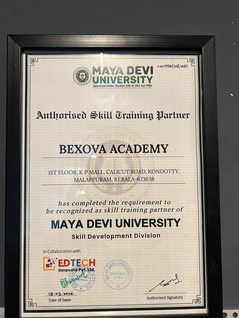Maya Devi University Authorized Skill Training Partner certificate issued to Bexova Academy