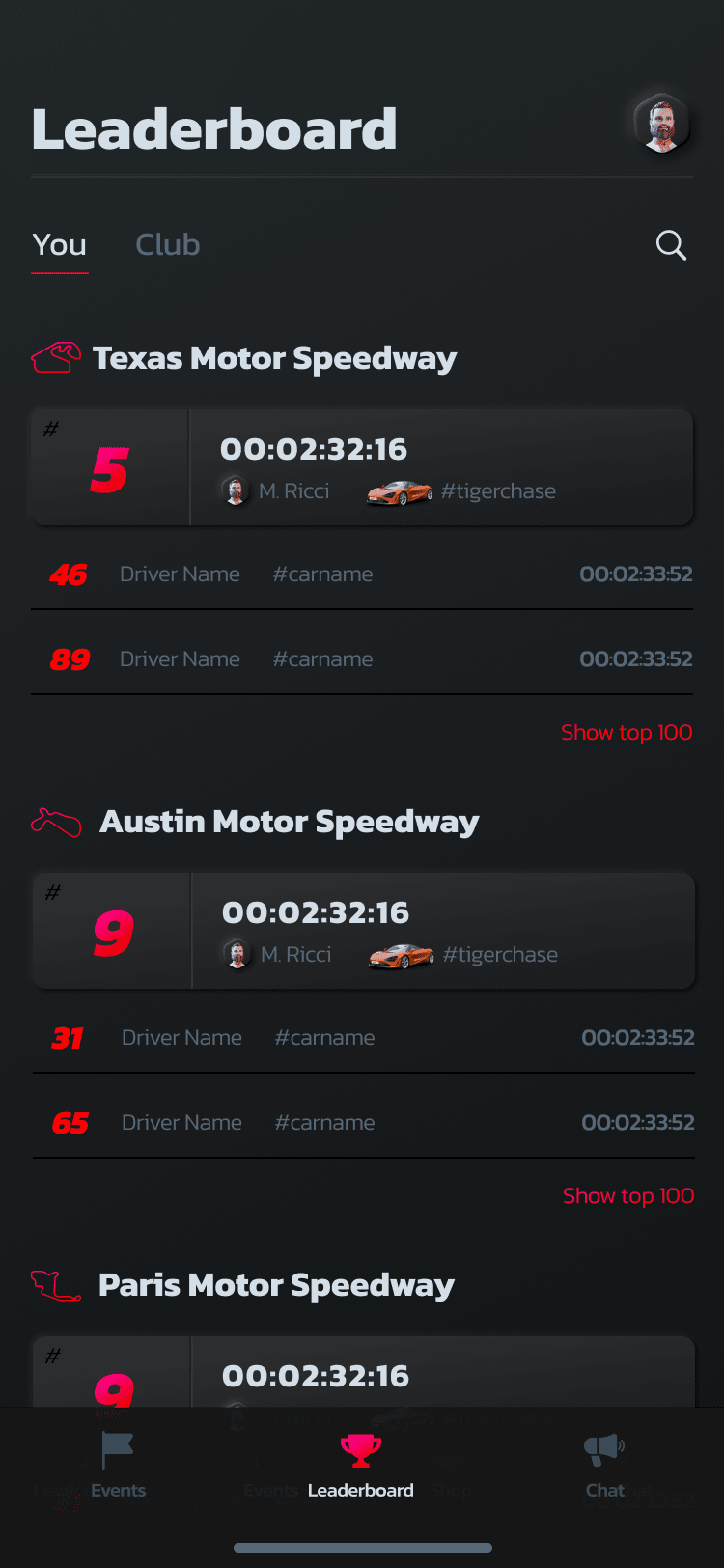 Leaderboard screen — member rankings by track with gradient rank numbers and per-car lap times