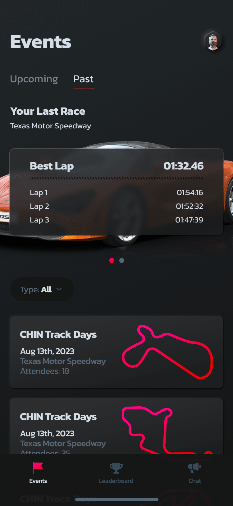 Past events screen with the “Your Last Race” recap and best lap