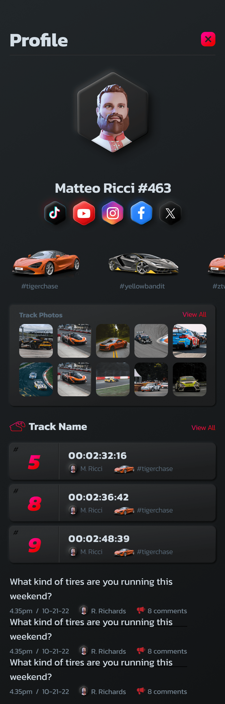 Public profile screen with a hexagonal avatar and car hashtag library