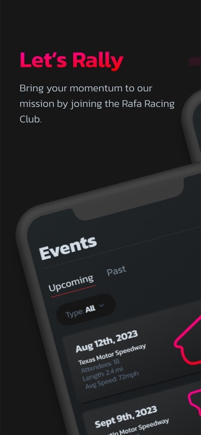 App Store marketing screen — “Let’s Rally”, an invitation to join the Rafa Racing Club