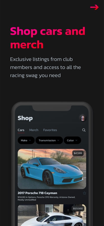 App Store marketing screen — “Shop cars and merch”