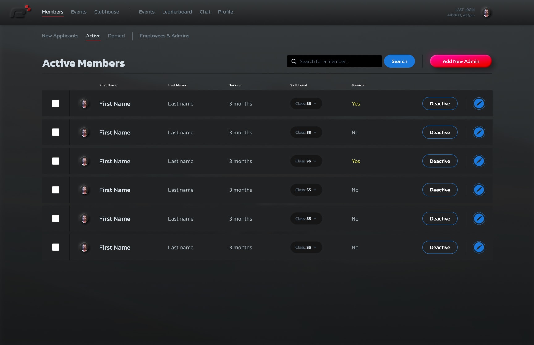 Admin panel — Active Members table with tenure, skill level and service columns