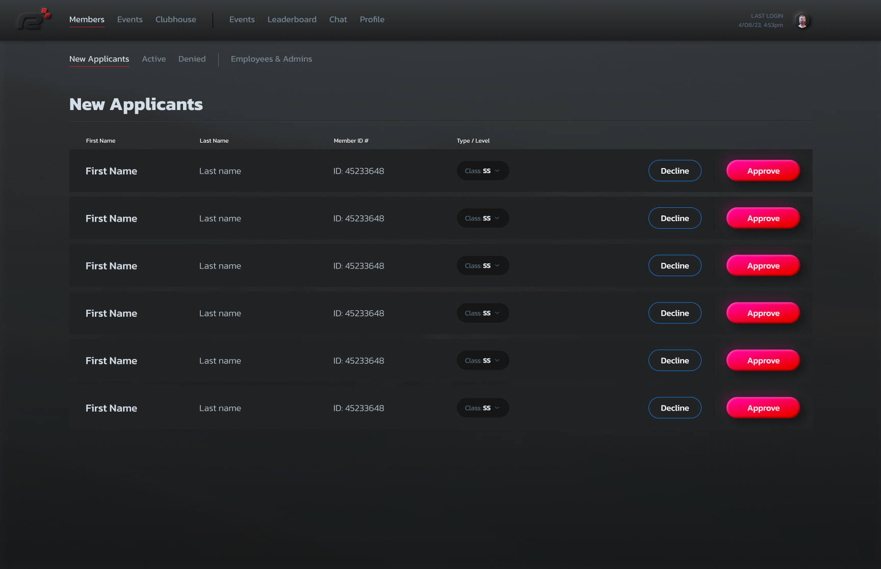 Admin panel — New Applicants list with approve and decline actions
