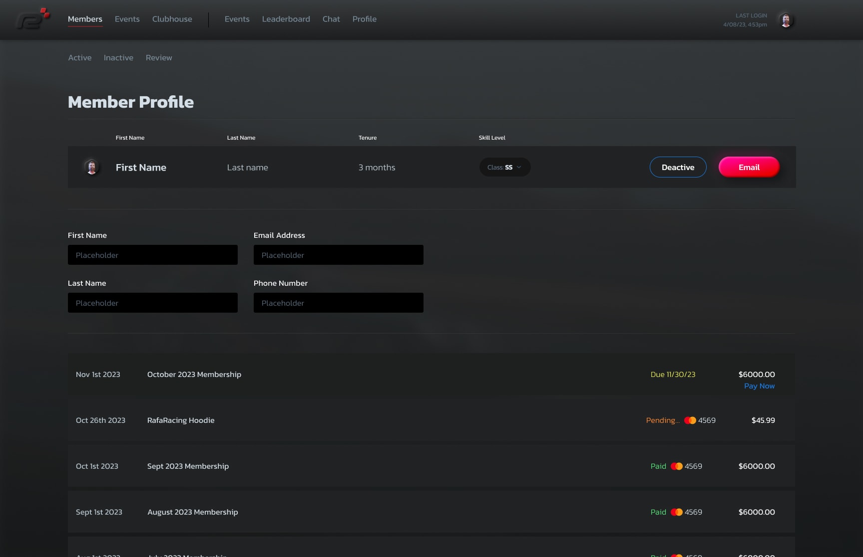 Admin panel — Member Profile detail with form fields and payment history