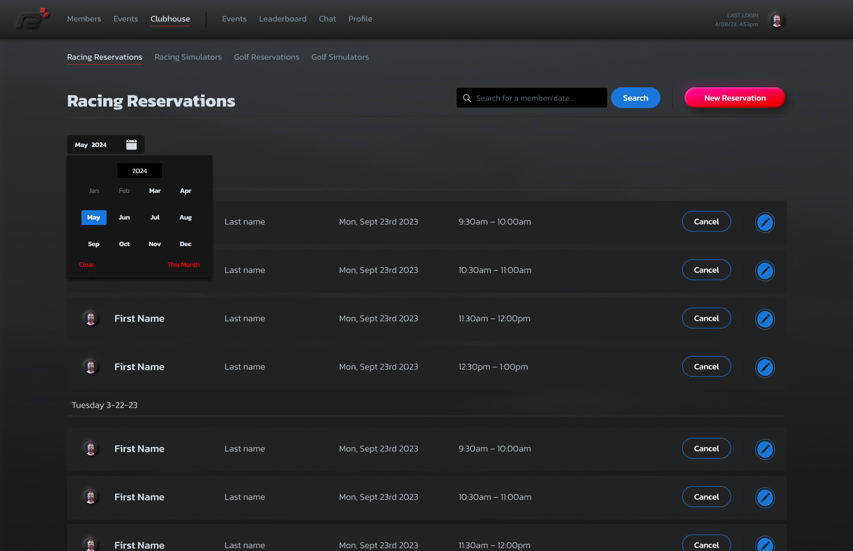Admin panel — Racing Reservations calendar and time-slot list