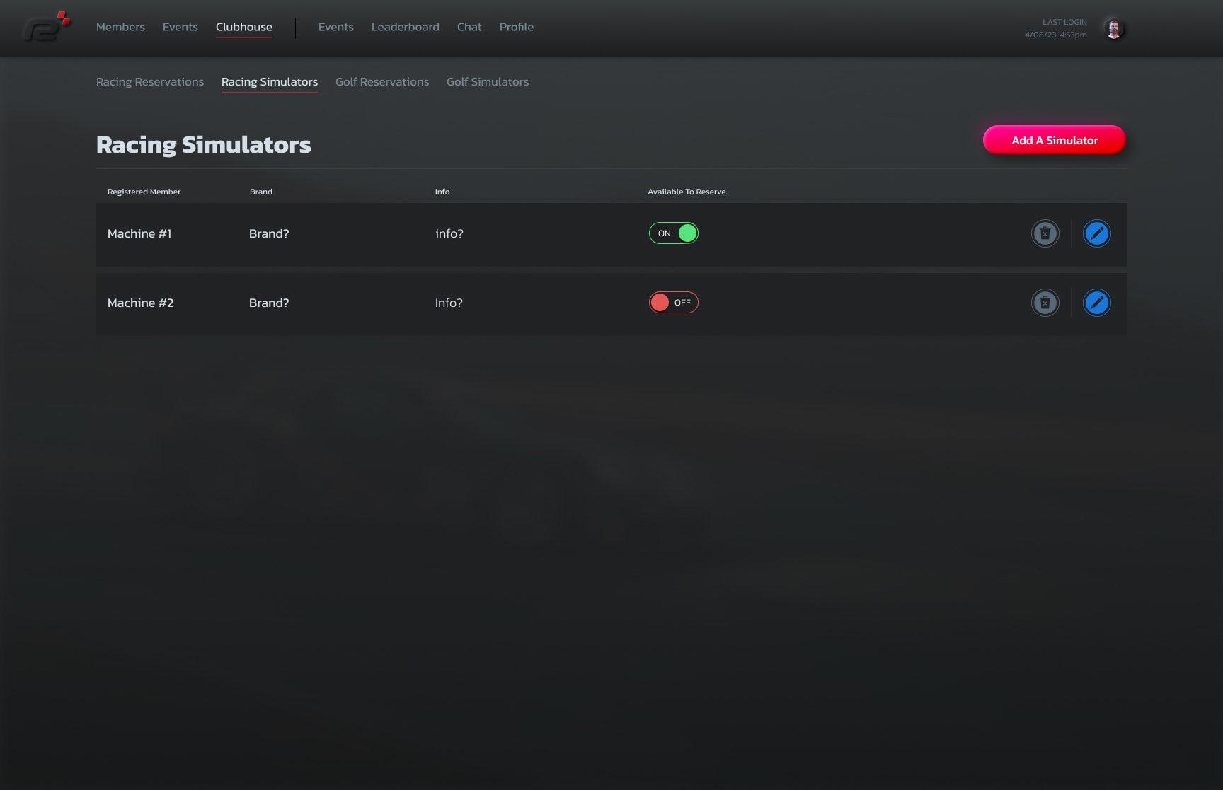 Admin panel — Racing Simulators inventory with availability toggles