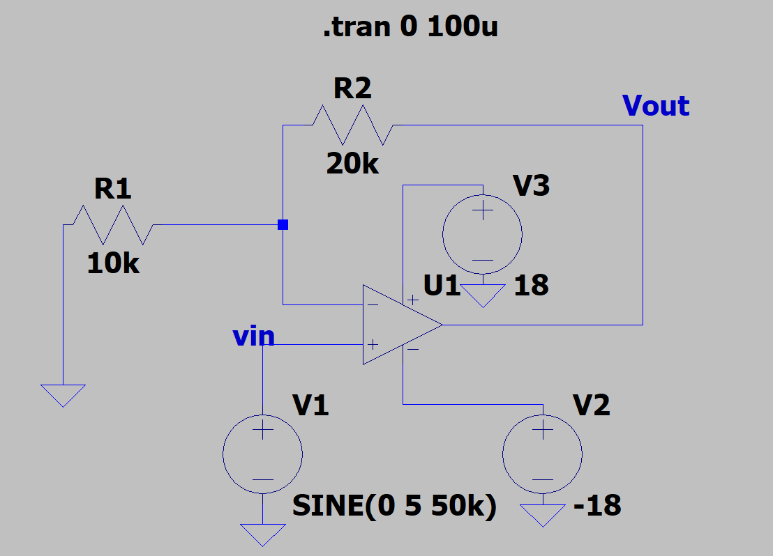 LTspice schematic of a non-inverting op-amp amplifier with 10k and 20k resistors