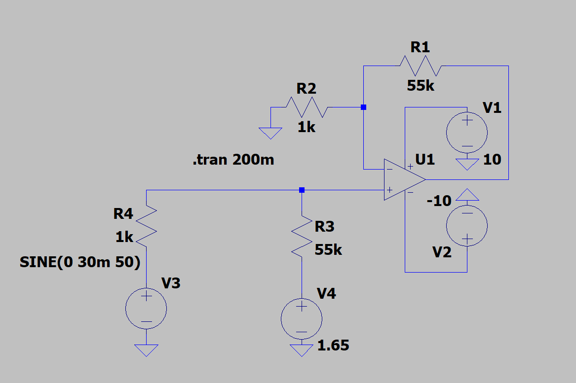 LTspice schematic of a non-inverting amplifier with 55k and 1k resistors, a 1.65V reference input, and a 30mV sine source