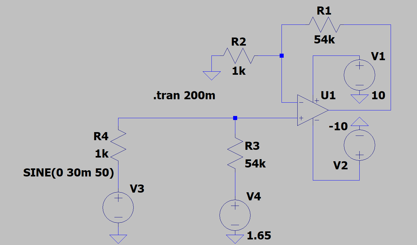 LTspice schematic of a non-inverting amplifier with 54k and 1k resistors, a 1.65V reference input, and a 30mV sine source