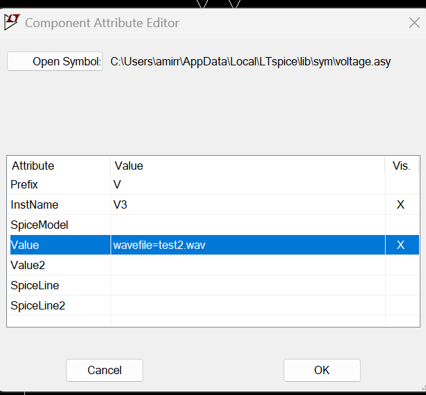 LTspice Component Attribute Editor showing the wavefile=test2.wav value entered for a voltage source