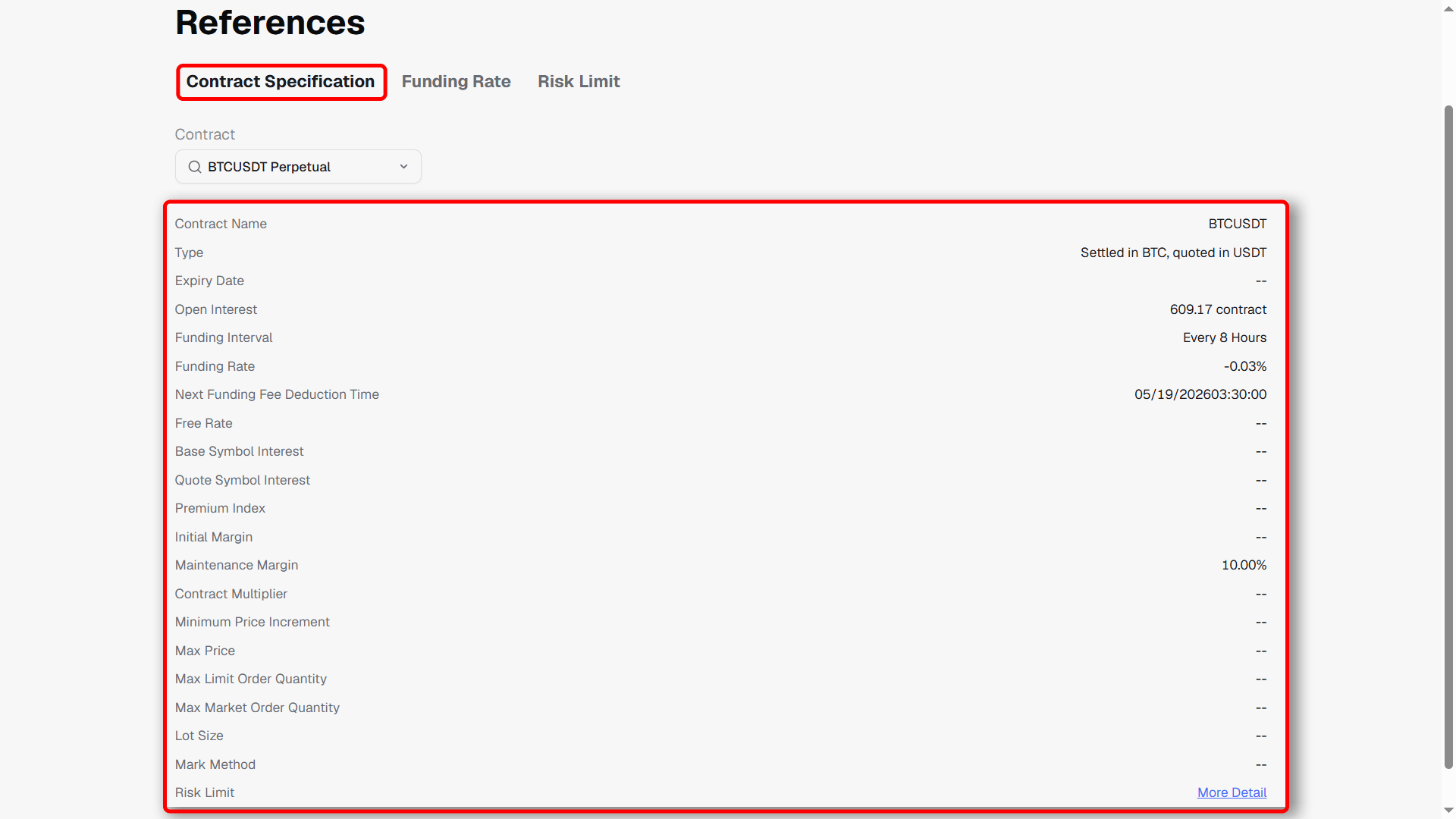 Contract Specification page