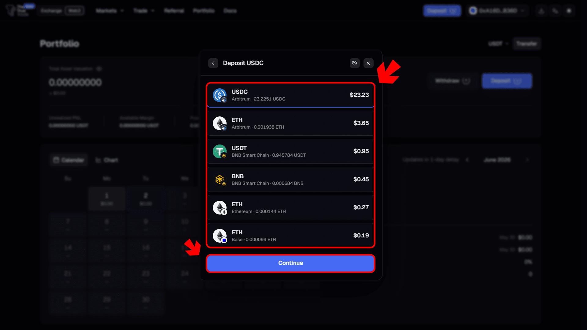 Asset & network selector