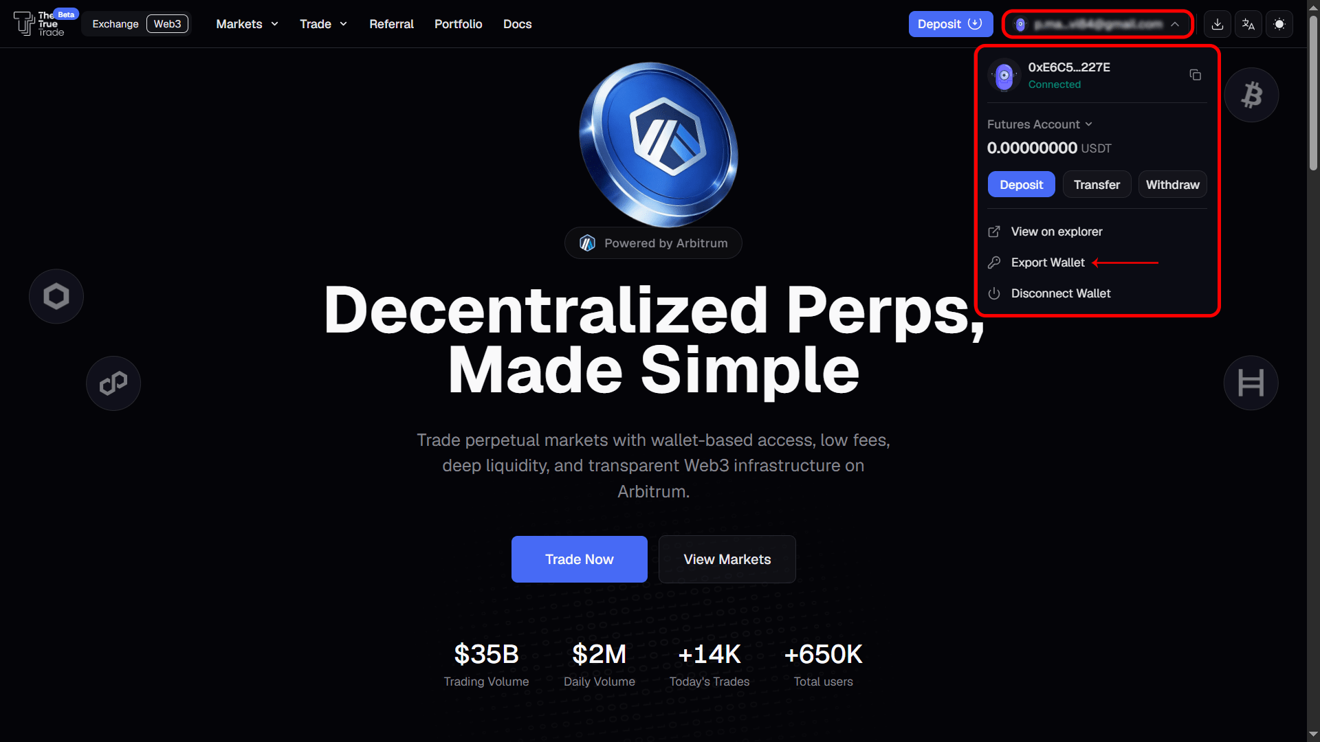 Account menu — Export Wallet