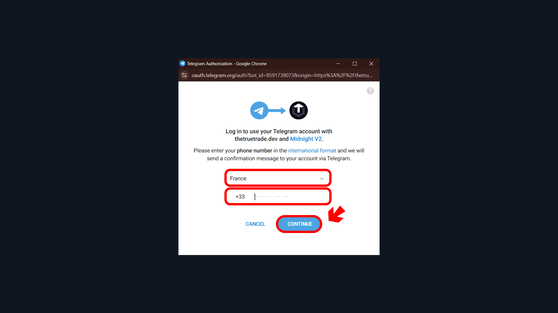 Telegram authorization window