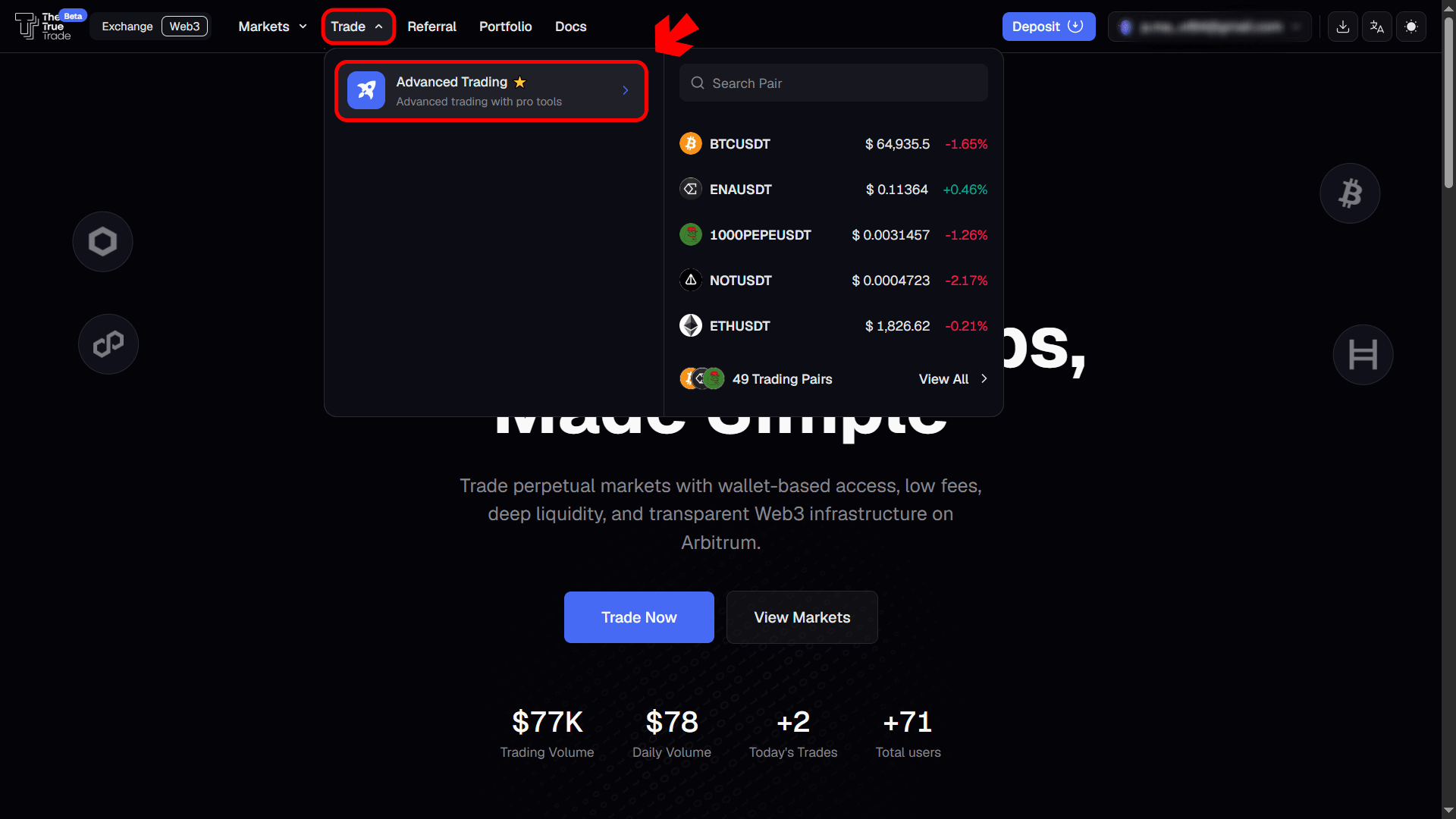 Trade menu navigation