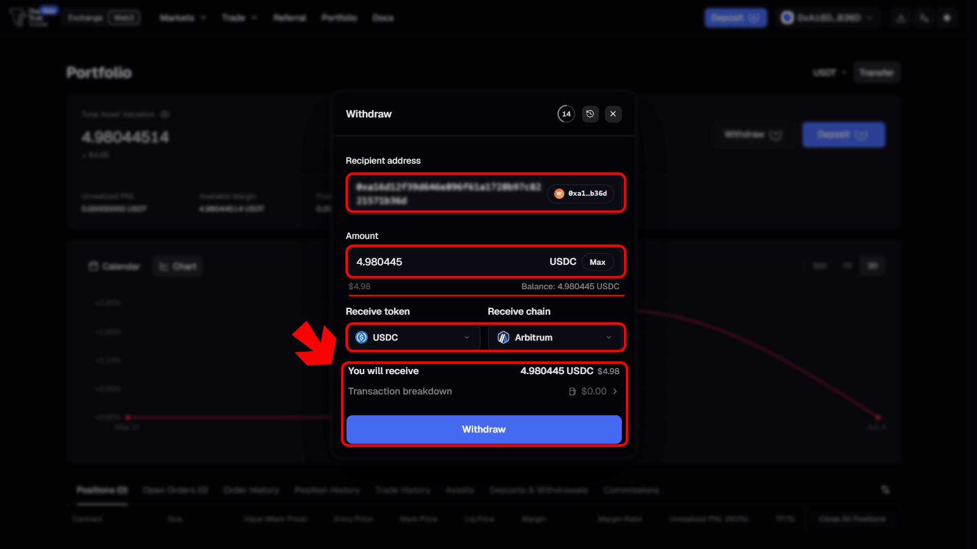 Withdrawal popup
