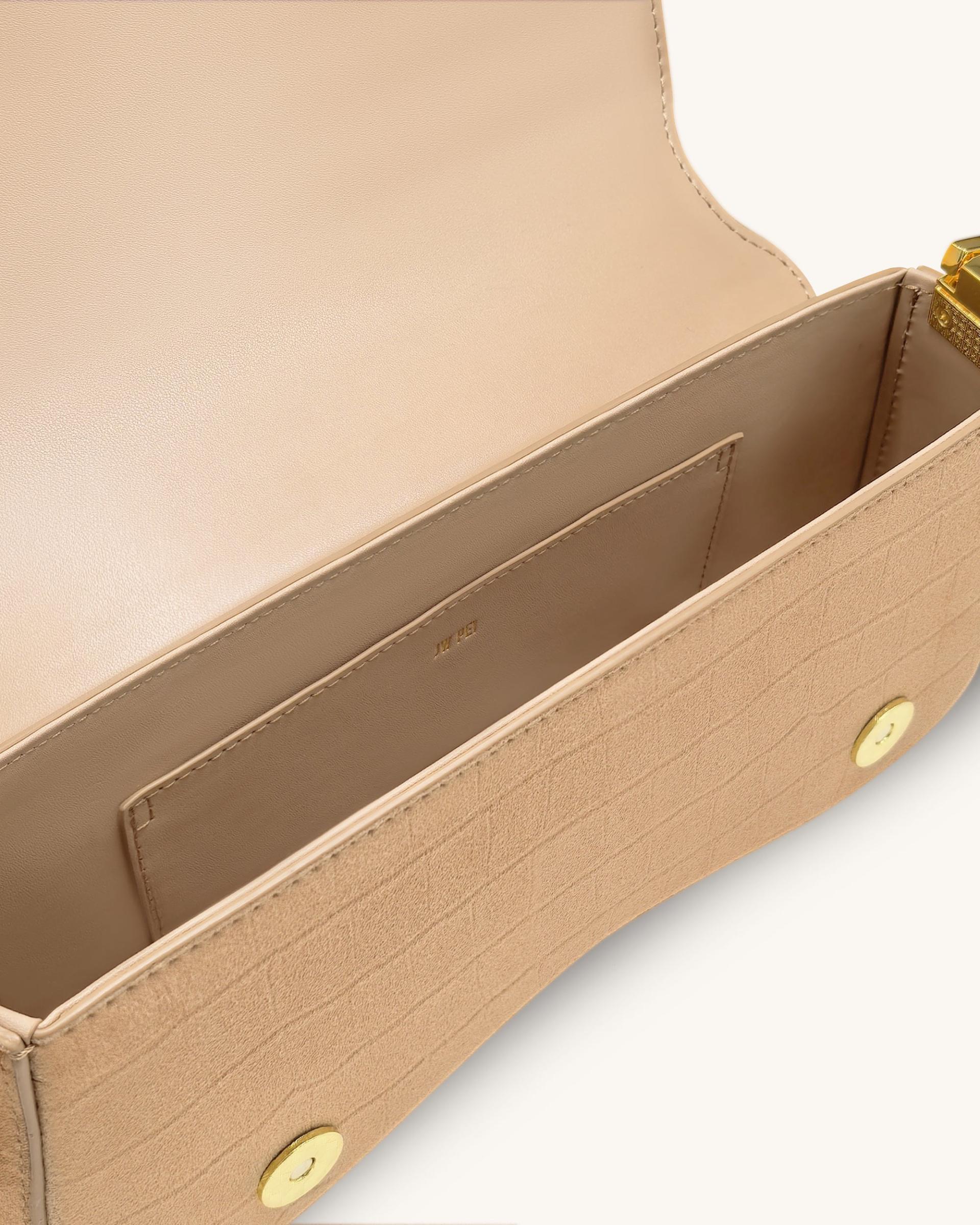 Joy Croc-Embossed Faux Suede Shoulder Bag - Beige 4