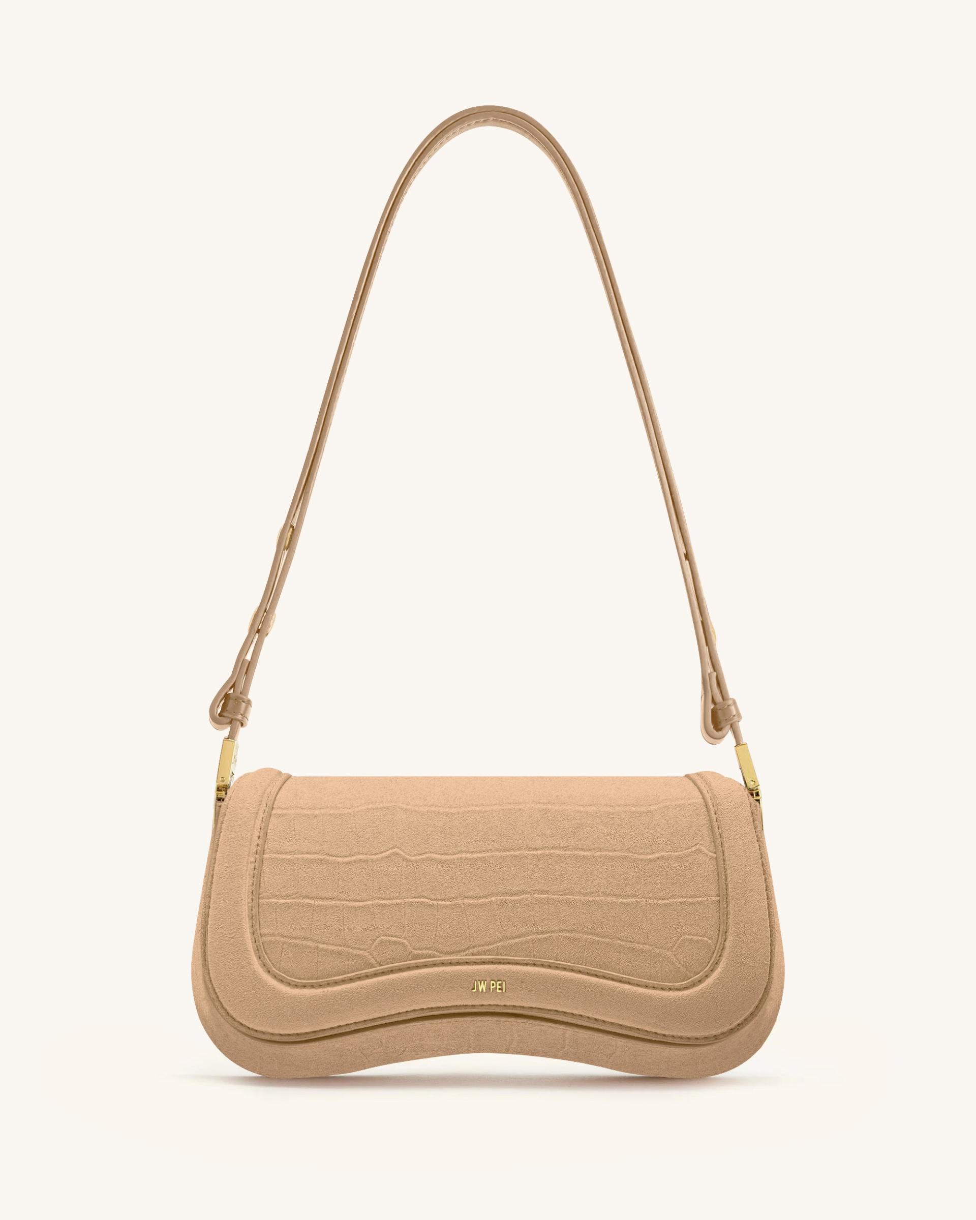 Joy Croc-Embossed Faux Suede Shoulder Bag - Beige