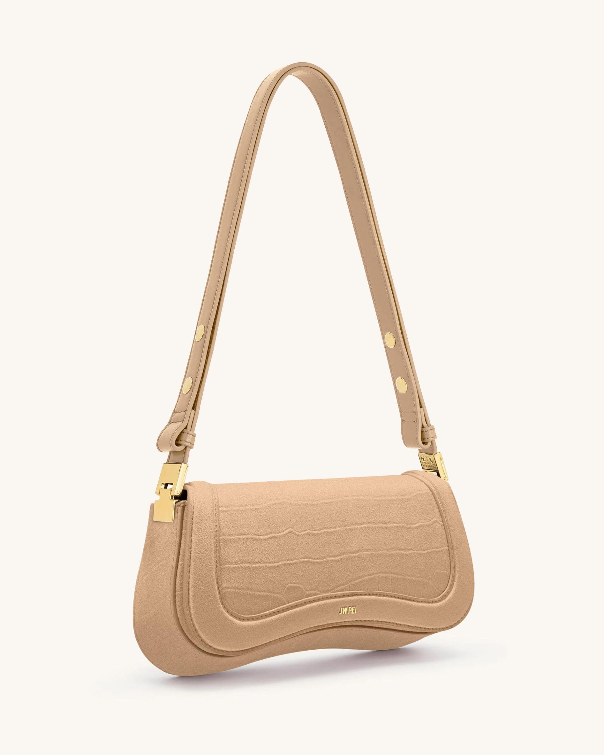 Joy Croc-Embossed Faux Suede Shoulder Bag - Beige 2