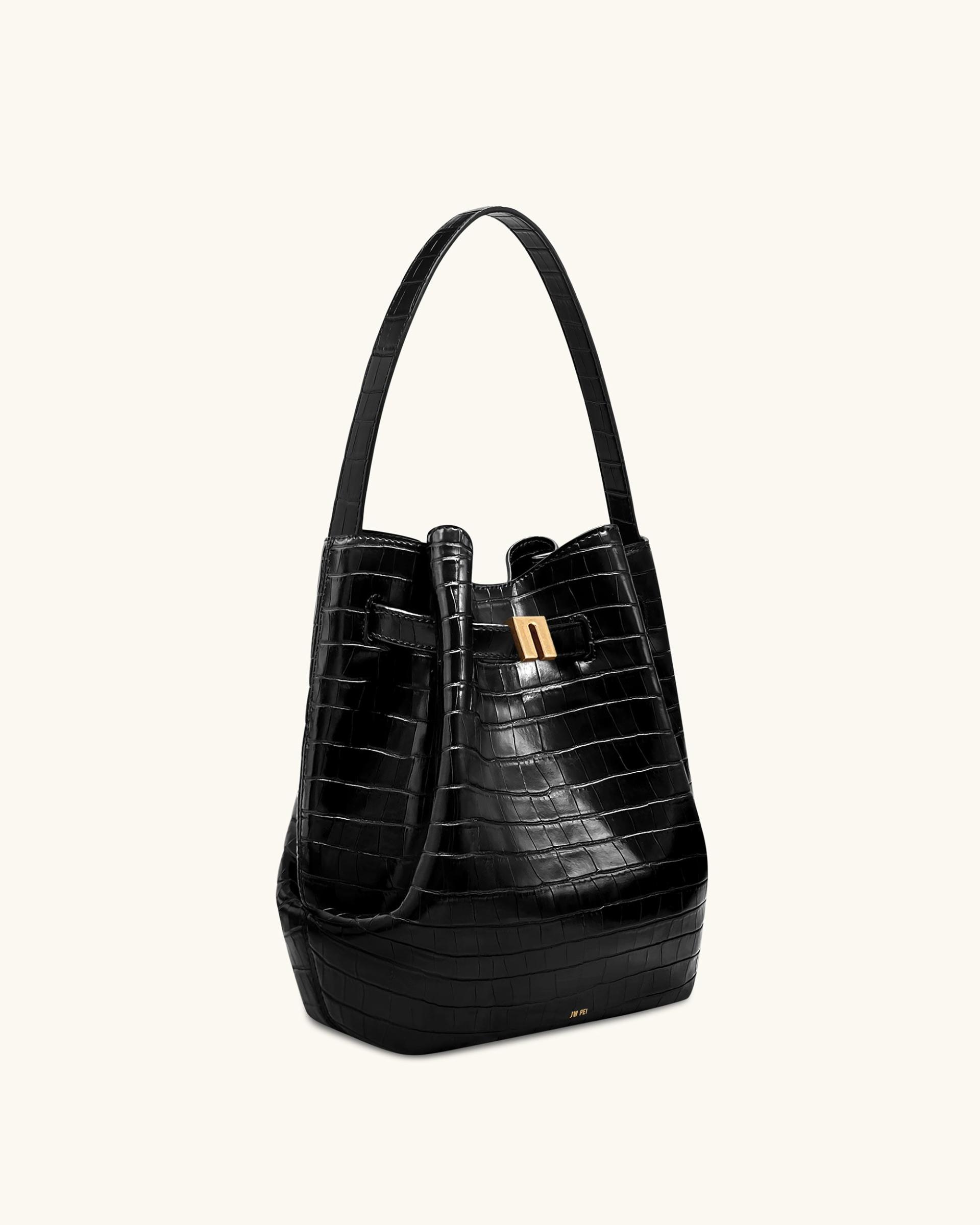 Clara Lock Accent Bucket Shoulder Bag - Black Croc 2