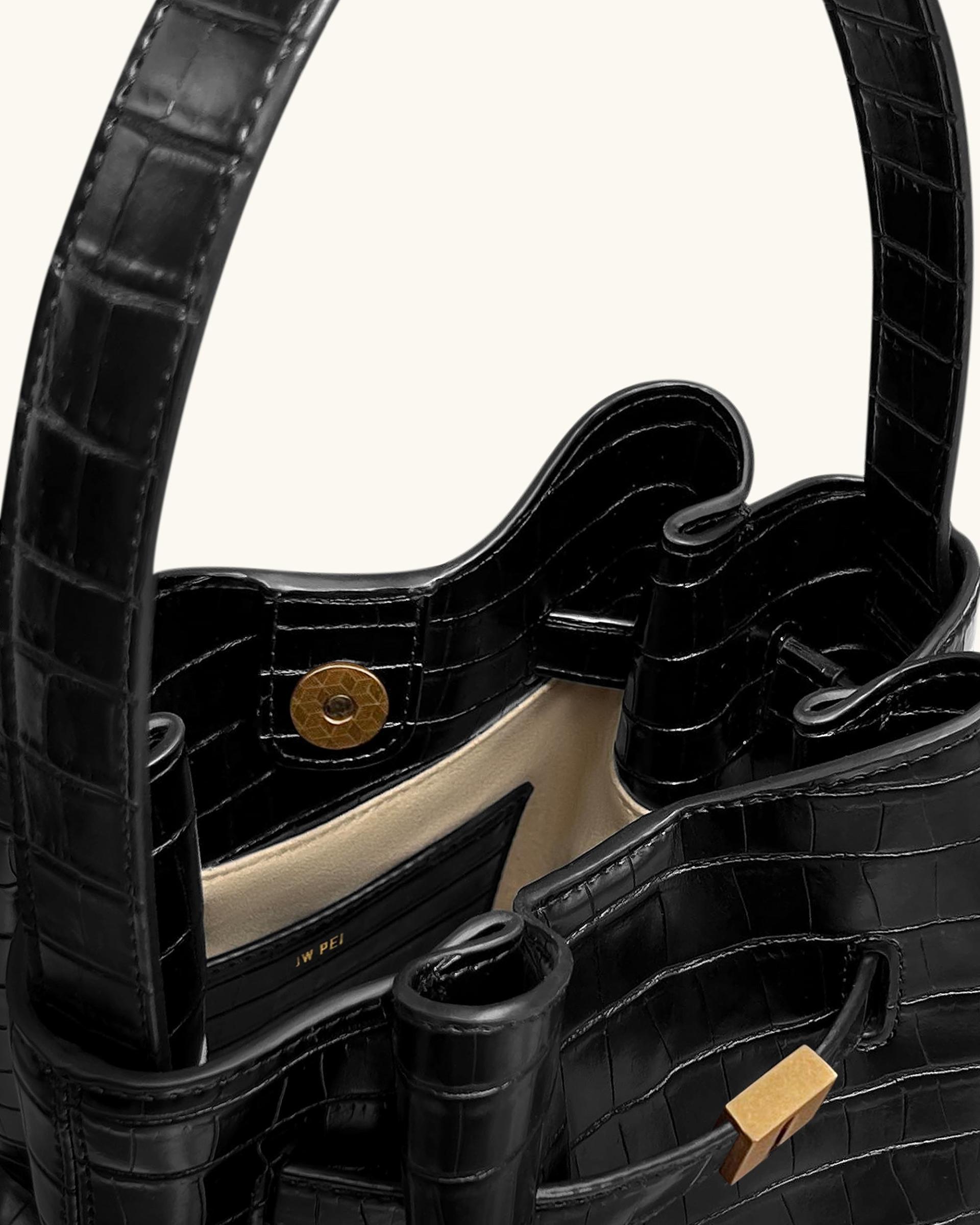 Clara Lock Accent Bucket Shoulder Bag - Black Croc 4