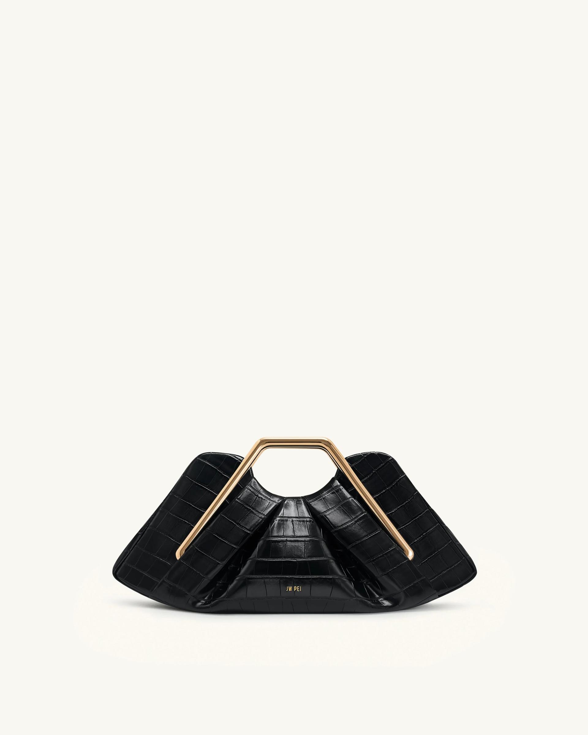 Lila Faux Croc-Effect Metal Frame Clutch - Black