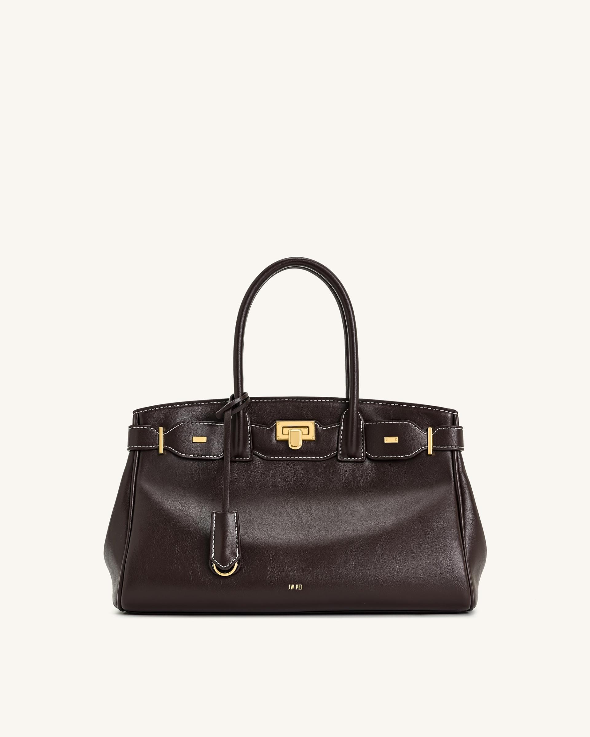 Ziva Metal Lock Decoration Tote Bag - Dark Brown