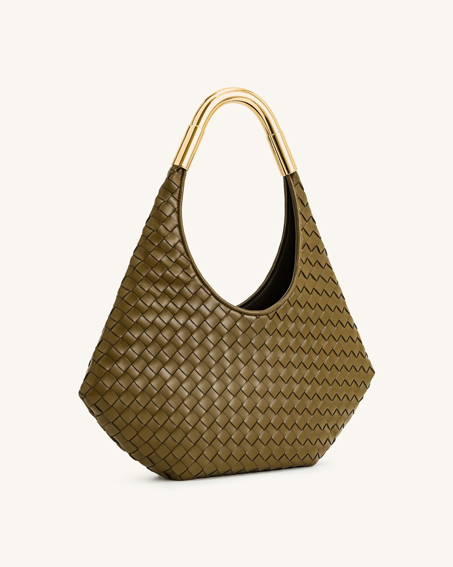 Olivia Hand-Woven Metal Handle Hobo Bag - Olive Green 2