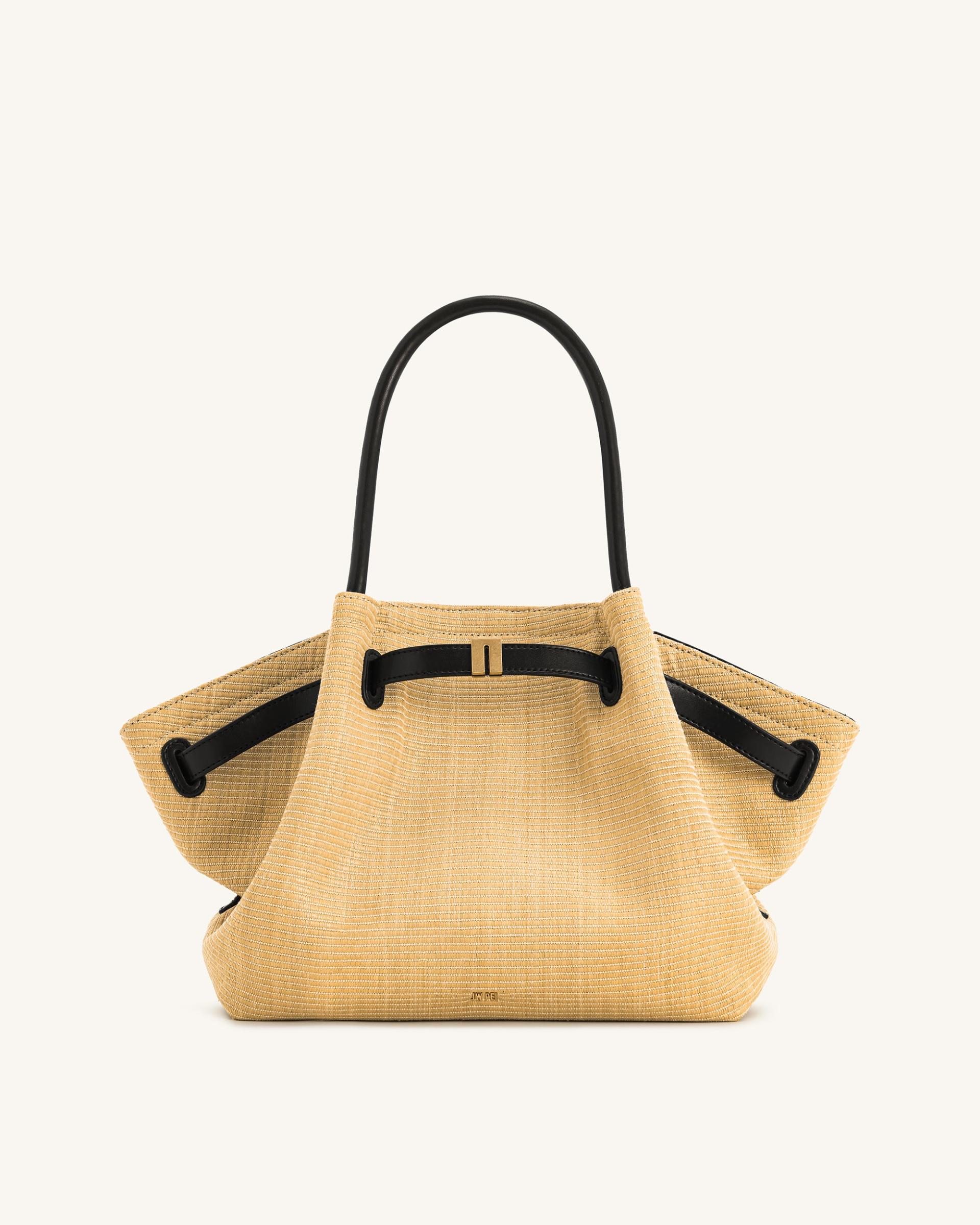 Hana  Medium Faux Straw Tote Bag - Brown Straw