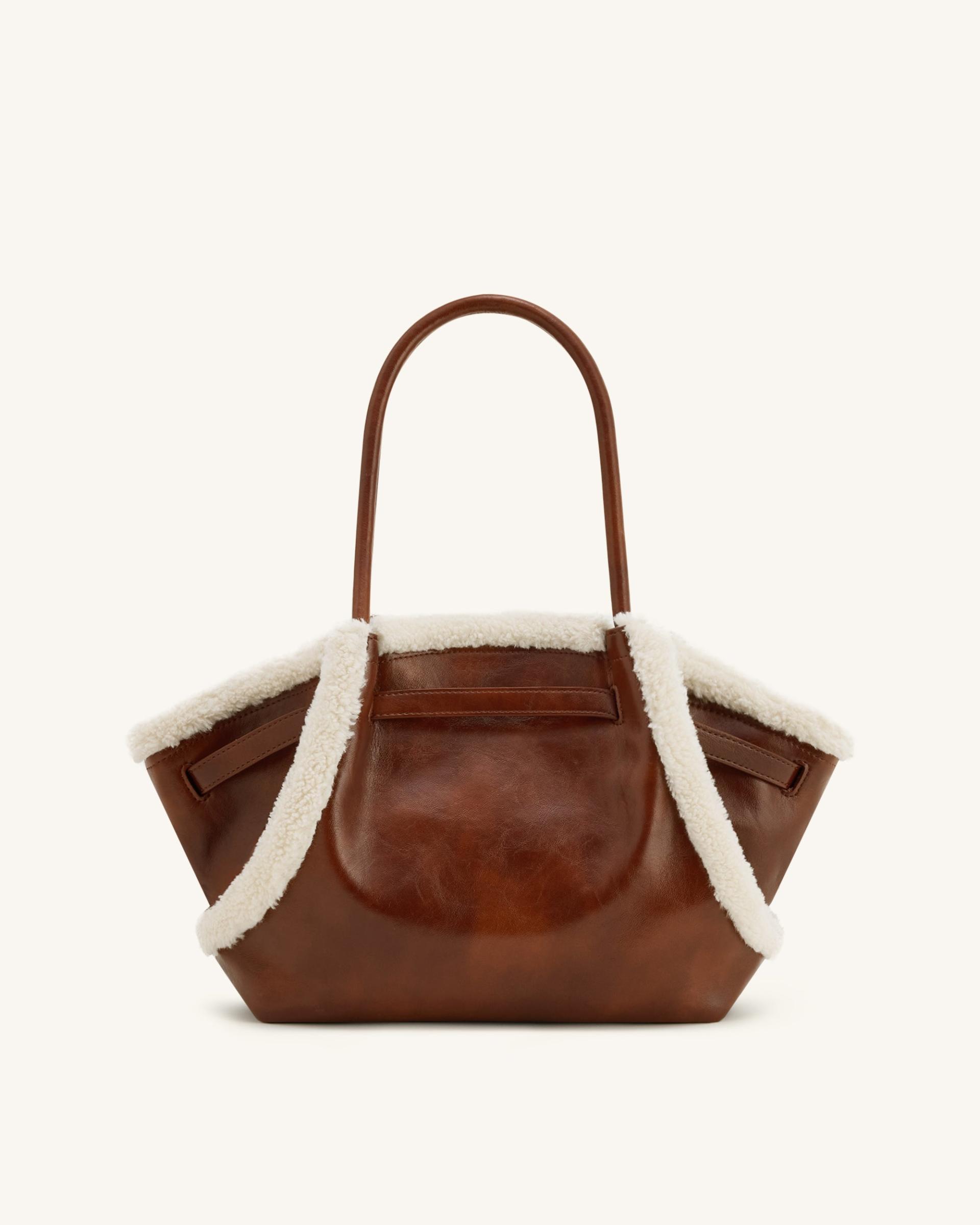 Hana Medium Faux Shearling Trim Tote Bag - Brown 4
