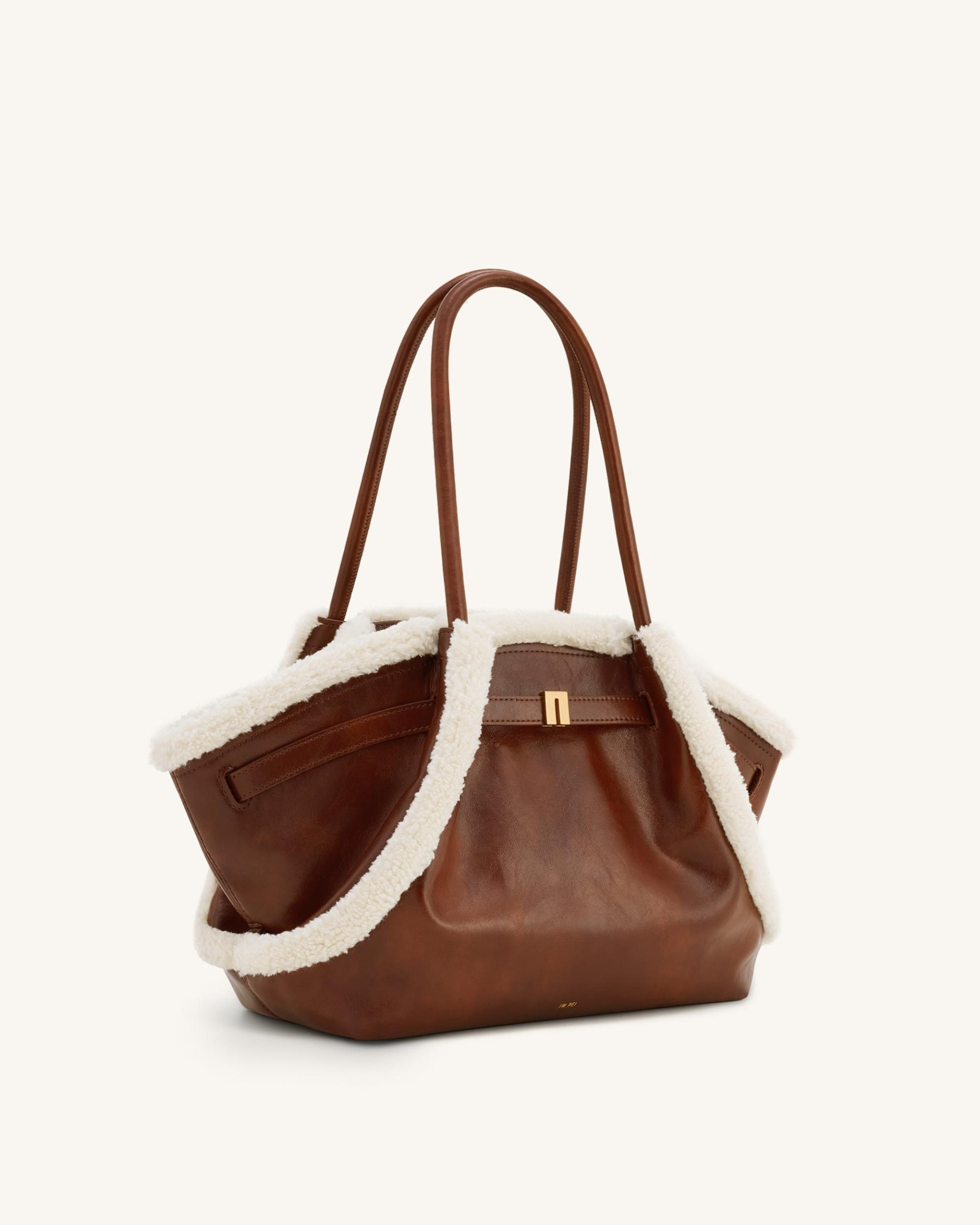 Hana Medium Faux Shearling Trim Tote Bag - Brown 3