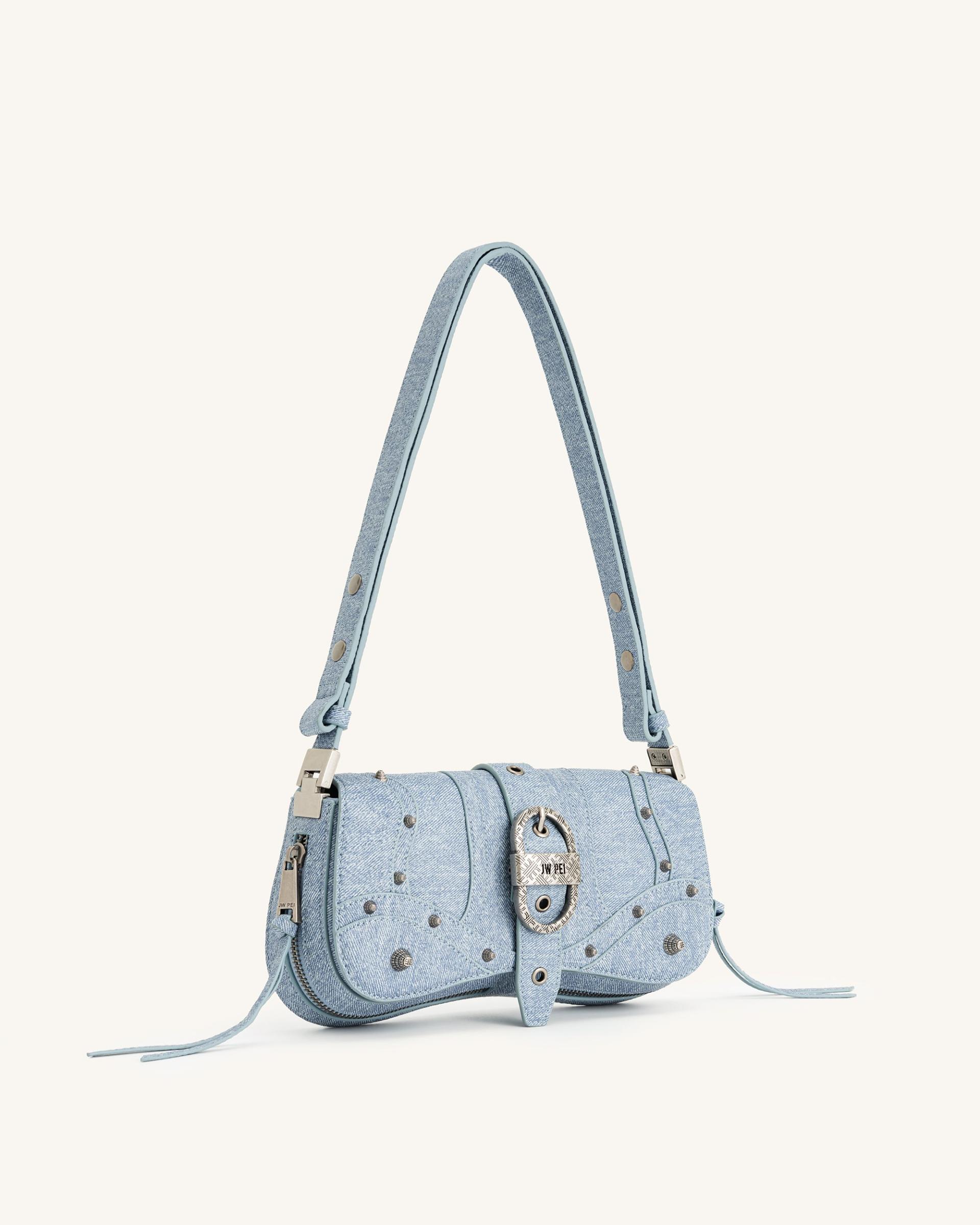 Joy Denim Embossed Curved Shoulder Bag - Blue 3