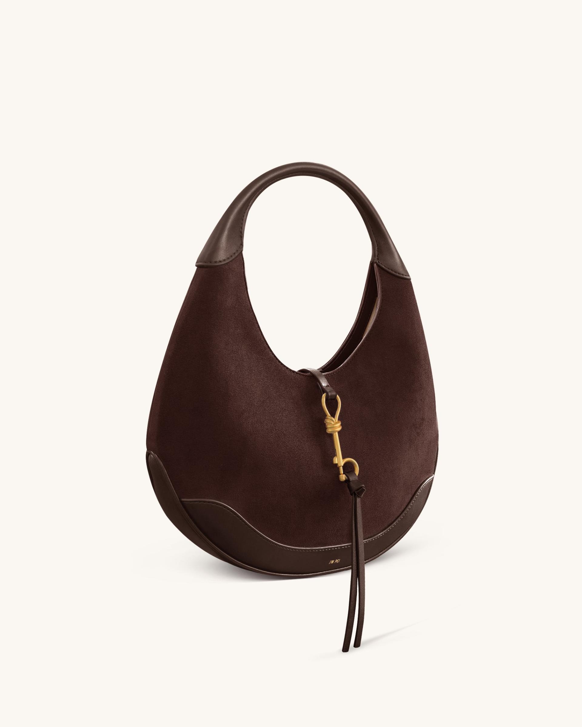 Colette Faux Suede Crescent Hobo Bag - Dark Brown 2